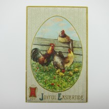 Easter Postcard Rooster Chickens &amp; Yellow Chicks Gold Embossed Antique 1914 - £7.84 GBP