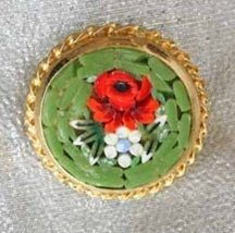 Elegant Green &amp; Red Italian Glass Mosaic Flowers Brooch 1960s Vintage - £15.09 GBP