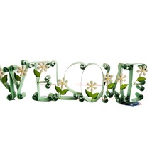 Welcome Metal Floral Wall Hanging Stands Plaque Sign 15” x 4” Green Curled  - £20.47 GBP
