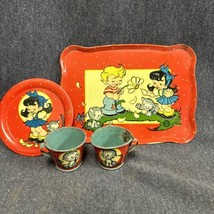 4 Piece Tin Tea Set Ohio Art 1940s Vintage Toy She Loves Me Not Litho W/ Tray - $7.92