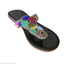 Women Slippers Ethnic Leather Flipflops Indian Handmade Black Flat US 6-10 - £36.07 GBP