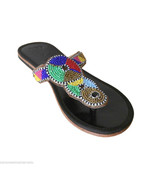 Women Slippers Ethnic Leather Flipflops Indian Handmade Black Flat US 6-10 - £35.96 GBP