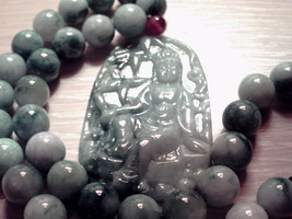 Chinese 100% Natural A JADE Jadeite Bead Necklace With Fine Carved Big Pendant  - £612.77 GBP