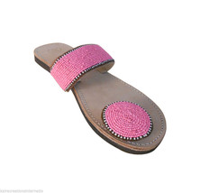 Women Slippers Beaded Leather Flip-Flops Indian Handmade Brown Slip On US 6-10 - £36.07 GBP