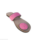 Women Slippers Beaded Leather Flip-Flops Indian Handmade Brown Slip On U... - £36.18 GBP