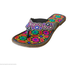 Women Slippers Indian Handmade Embroidered Leather Flip-Flops Flat US 7-10 - $44.99
