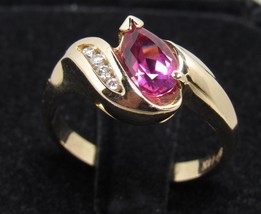 14k Yellow Gold .75ct Pear Pink Tourmaline &amp; Diamond Ladies Sz 6 Ring .87tcw SGS - £225.18 GBP
