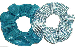 2 Light Blue Teal Foil Sequin Hair Scrunchie Scrunchies by Sherry Ice Queen - £11.70 GBP