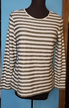 Chicos Ivory Army Green Striped Sequin Knit Top Tunic Stretch Shirt Size 1 Small - £15.14 GBP