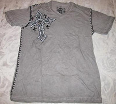 Men&#39;s or Ladies Grey with Black COTTON Vee Neck TEE TOP Size S Raw State - £6.27 GBP