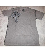 Men&#39;s or Ladies Grey with Black COTTON Vee Neck TEE TOP Size S Raw State - £6.23 GBP