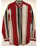 RED BLACK TAUPE Striped Cotton SHIRT Size 16/34 Large - $20.56 CAD