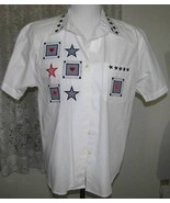 NAVY &amp; RED STAR Applique&#39;s on WHITE Cotton SHIRT Size Medium Karen Scott - $242.98 MXN
