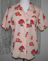 RED FLOWERS on PEACH Cotton Shirt Petite Size PM Karen Scott - £7.95 GBP