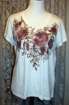 Rose Taupe &amp; Tan Sequins &amp; Beads Cotton Tee Top Petite Size Pl Sonoma - £6.31 GBP