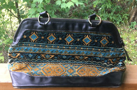 Vintage Blue Tapestry Brocade Brown Leather Handbag Purse Satchel Top Zipper - £66.90 GBP