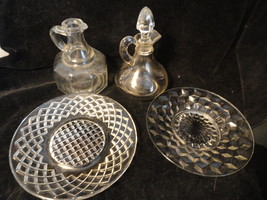 5 Crystal Depression Glass Pieces Syrup Cruet With Stopper Saucers - $7.99