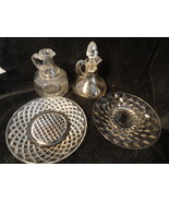5 Crystal Depression Glass Pieces Syrup Cruet With Stopper Saucers - £6.31 GBP
