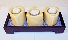 3 Votive Wooden Candle Tray w/Ceramic Towers, Florettes &amp; Decorative Gravel - £11.71 GBP