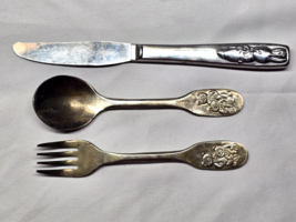Vintage Child&#39;s Utensil Set Featuring Teddy Bear &amp; Bunny - Fork, Knife &amp;... - $12.08