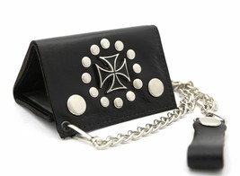 Trifold USA Made Genuine Leather Biker Wallet with Cross Design with Chain - $17.99