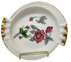 Vintage Floral Gold Trim Ceramic Ashtray Trinket Dish Flowers Round 6.25&quot; - $21.51