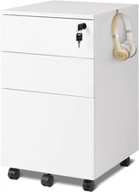 Devaise 3 Drawer Rolling File Cabinet With Lock, White Wood Under Desk File - £91.75 GBP