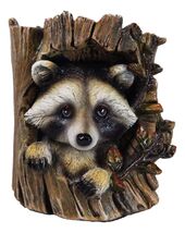 Rustic Western Lifelike Gray Raccoon Hiding In Tree Trunk Decorative Fig... - $44.83 CAD