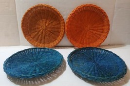 4 Vintage Wicker Rattan Paper Plate Holders 9.5&quot; Blue Orange Picnic  - $20.31
