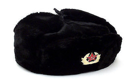 RUSSIAN AUTHENTIC BLACK USHANKA MILITARY HAT WITH SOVIET ARMY EMBLEM - £27.58 GBP