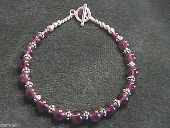 Amethyst and Sterling Silver Bali Bead Bracelet - 8" Length - $15.99