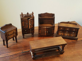 Vintage Set of 5 Concord Walnut Stain Miniatures Dollhouse Furniture Taiwan NEW - £34.93 GBP