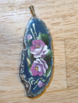 Agate Disc Pendant with Flower Painting Handcrafted - $39.99