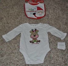 Girls Bodysuit, Socks &amp; Bib My First Christmas Holiday White Reindeer- 0/3 mths - £8.70 GBP