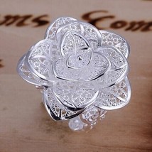 Womens silver plated ring adjustable size rose flower costume dress up j... - £4.38 GBP