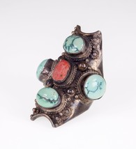 Tribal Turquoise &amp; Coral Long Sterling Silver Ring Sz: 10.75 - £275.04 GBP