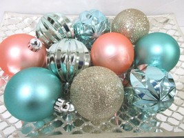 Coastal Nautical Beach Aqua Gold Glitter Christmas Tree Ornaments 2.5&quot; Set Of 10 - £12.98 GBP