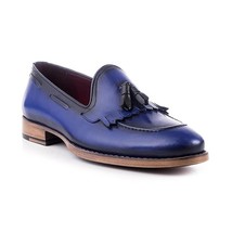 Blue Tassel Loafer Slip On Fringed Genuine Leather Rounded Derby Toe Han... - $143.99