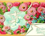 Vtg Postcard Victorian Greeting Postcard - Pink Daisies &amp; Doves Embossed - £8.36 GBP