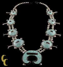 Navajo Sterling Silver Turquoise &amp; Brown Shell Mosaic Squash Blossom Necklace - £1,946.23 GBP