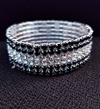 Rhinestone Bracelet Stretch, Black 6 Row Bracelet, Crystal Pageant Prom Jewelry, - £24.92 GBP