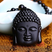 Natural Obsidian Vintage Necklace Black Buddha Head Pendant with Bead Ne... - £13.25 GBP