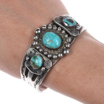 6 3/8&quot; c1940&#39;s-50&#39;s Navajo Stamped silver bracelet with turquoise - £639.15 GBP
