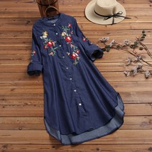 ZANZEA Women Button Down Embroidery Floral Denim Jeans Long Shirt Blouse - €75,25 EUR