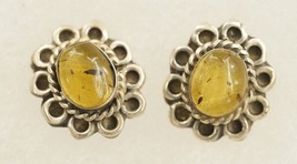 Vintage Fine Jewelry 925 Sterling Silver Pale Yellow Amber Flower Pierced Stud E - $14.99