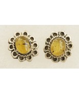 Vintage Fine Jewelry 925 Sterling Silver Pale Yellow Amber Flower Pierce... - £11.94 GBP