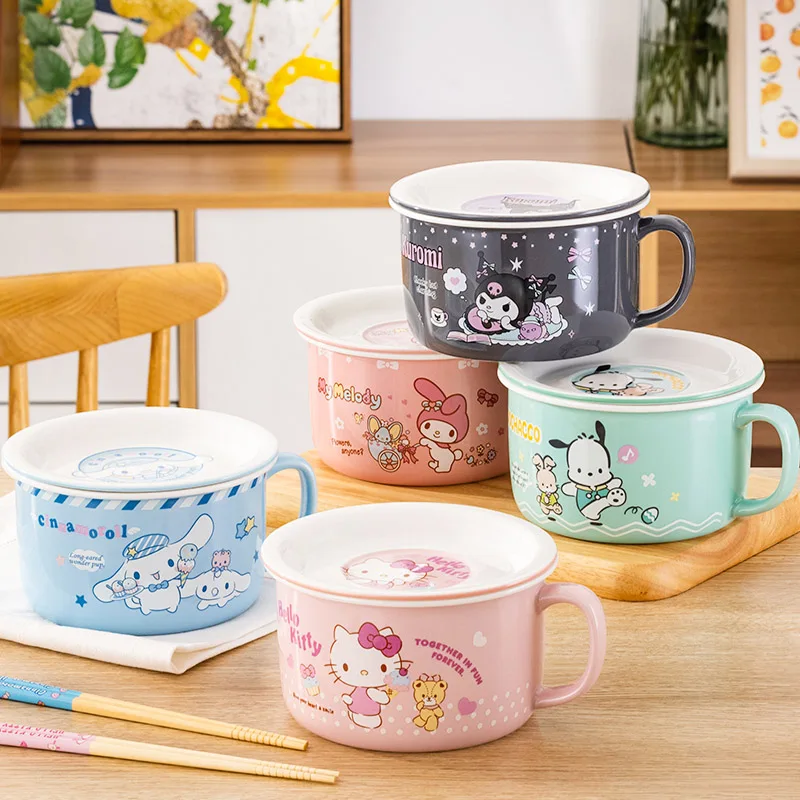 Sanrio Kawaii Kuromi Ceramics Noodle Bowl with Lid for Students Cartoon Anime - £30.66 GBP