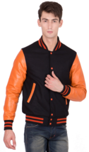 Men&#39;s Orange Leather Sleeves Black Wool Varsity Jacket - $129.99