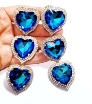 Vitrail Blue Rhinestone Heart, CLIP ON Earrings, Oversized Chandelier Earrings,  - £47.30 GBP
