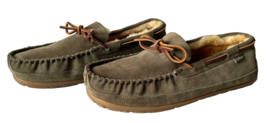 LL Bean Wicked Good Slippers Sheepskin Shearling Moccasins Olive Green Mens 13M - £60.69 GBP